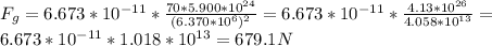 F_g = 6.673 *10^{-11}*\frac{70*5.900*10^{24}}{(6.370*10^6)^2}= 6.673 *10^{-11}*\frac{4.13*10^{26}}{4.058*10^{13}}=\\6.673*10^{-11}*1.018*10^{13}= 679.1N
