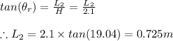 tan(\theta _r)=\frac{L_{2}}{H}=\frac{L_{2}}{2.1}\\\\\therefore L_{2}=2.1\times tan(19.04)=0.725m