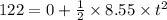122=0+\frac{1}{2}\times 8.55\times t^2