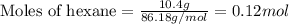 \text{Moles of hexane}=\frac{10.4g}{86.18g/mol}=0.12mol