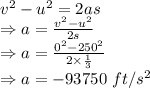v^2-u^2=2as\\\Rightarrow a=\frac{v^2-u^2}{2s}\\\Rightarrow a=\frac{0^2-250^2}{2\times \frac{1}{3}}\\\Rightarrow a=-93750\ ft/s^2