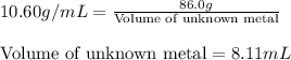 10.60g/mL=\frac{86.0g}{\text{Volume of unknown metal}}\\\\\text{Volume of unknown metal}=8.11mL