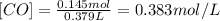 [CO]=\frac{0.145mol}{0.379L}=0.383mol/L