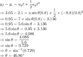 y_f-y_i=u_yt+\dfrac{1}{2}a_yt^2\\\Rightarrow 3.05-2.1=u\sin \theta (0.8) +\dfrac{1}{2}\times (-9.8)(0.8)^2\\\Rightarrow 0.95=7\times \sin \theta (0.8) -3.136\\\Rightarrow 0.95=5.6\sin \theta -3.136\\\Rightarrow 5.6\sin \theta= 0.95+3.136\\\Rightarrow 5.6\sin \theta= 4.086\\\Rightarrow \sin \theta= \dfrac{4.086}{5.6}\\\Rightarrow \sin \theta=0.729\\\Rightarrow \theta=\sin^{-1}(0.729)\\\Rightarrow \theta=46.86^\circ