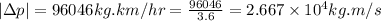 |\Delta p| = 96046 kg.km/hr = \frac{96046}{3.6} = 2.667\times 10^{4} kg.m/s