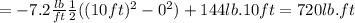 = -7.2\frac{lb}{ft}\frac{1}{2} ((10ft)^2-0^2) + 144lb. 10ft=720lb.ft