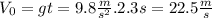 V_{0}=gt=9.8\frac{m}{s^{2}}.2.3s=22.5\frac{m}{s}