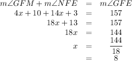 \begin{array}{rcc}m\angle GFM + m\angle NFE & = & m\angle GFE\\4x + 10 + 14x + 3 & = & 157\\18x + 13 & = & 157\\18x & = & 144\\x & = & \dfrac{144}{18}\\ & = & 8\\\end{array}