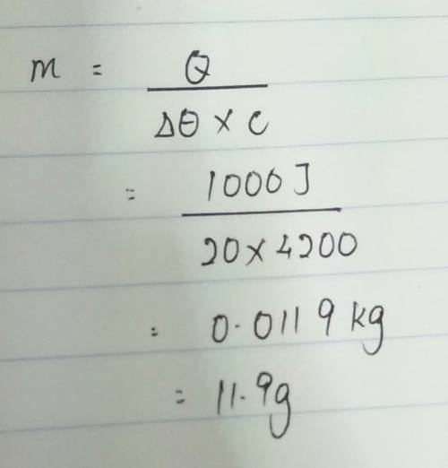 How many grams of water can be heated 20c by the addition of 1000j?