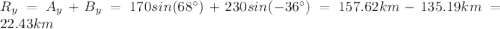 R_y=A_y+B_y=170sin(68^\circ)+230sin(-36^\circ)=157.62km-135.19km=22.43km