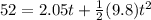 52 = 2.05 t + \frac{1}{2}(9.8)t^2