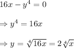 16x-y^4=0 \\  \\ \Rightarrow y^4=16x \\  \\ \Rightarrow y= \sqrt[4]{16x} =2 \sqrt[4]{x}