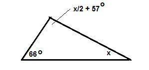 One angle of a triangle has a measure of 66°. the measure of the third angle of 57° more than 1/2 th