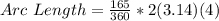 Arc\ Length = \frac{165}{360} * 2(3.14)(4)