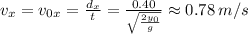 v_x=v_{0x}=\frac{d_x}{t}=\frac{0.40}{\sqrt{\frac{2y_0}{g}}}\approx 0.78\, m/s