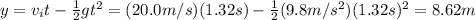 y=v_{i}t-\frac{1}{2} gt^{2}=(20.0m/s)(1.32s)-\frac{1}{2} (9.8m/s^{2} ) (1.32s)^{2}  =8.62m