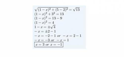 Find x so the distance between (x,2) and (1,5) is 13.