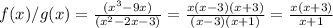 f(x)/g(x) =   \frac{(x^3-9x)}{(x^2-2x-3)}  =  \frac{x(x-3)(x+3) }{(x-3)(x+1)} =  \frac{x(x+3)}{x+1}