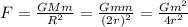 F=\frac{GMm}{R^{2} } =\frac{Gmm}{(2r)^{2} } =\frac{Gm^{2} }{4r^{2} }