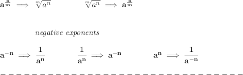\bf a^{\frac{{ n}}{{ m}}} \implies  \sqrt[{ m}]{a^{ n}} \qquad \qquad&#10;\sqrt[{ m}]{a^{ n}}\implies a^{\frac{{ n}}{{ m}}}&#10;\\\\\\&#10;\left.\qquad \qquad \right.\textit{negative exponents}\\\\&#10;a^{-{ n}} \implies \cfrac{1}{a^{ n}}&#10;\qquad \qquad&#10;\cfrac{1}{a^{ n}}\implies a^{-{ n}}&#10;\qquad \qquad &#10;a^{{{  n}}}\implies \cfrac{1}{a^{-{{  n}}}}\\\\&#10;-------------------------------\\\\