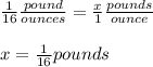 \frac{1}{16}\frac{pound}{ounces} =\frac{x}{1}\frac{pounds}{ounce} \\ \\ x=\frac{1}{16} pounds