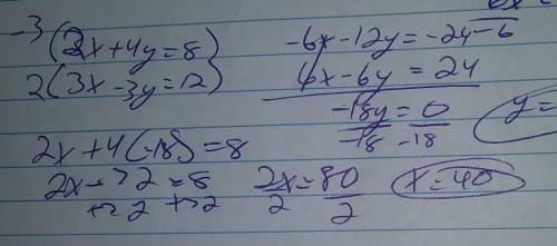 Solve the following system of equations by using the elimination method. 2x + 4y = 8 3x – 3y = 12