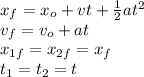 x_{f} =x_{o} +vt+\frac{1}{2}at^{2}  \\v_{f} =v_{o} +at\\x_{1f} =x_{2f} =x_{f} \\t_{1} =t_{2}=t