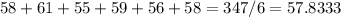 58+61+55+59+56+58=347/6=57.8333