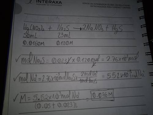 If 50.0 ml of 0.0160 m mercury(ii) nitrate is combined with 23.0 ml of 0.120 m sodium sulfide, what