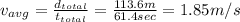 v_{avg} =\frac{d_{total} }{t_{total} }=\frac{113.6m}{61.4sec}= 1.85m/s