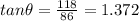 tan\theta =\frac{118}{86}=1.372