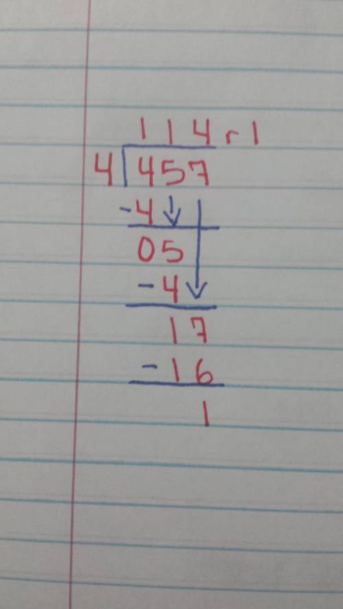 How to divide 457 by 4 in long division