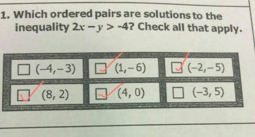 Which ordered pairs are solutions to the inequality 2x-y> -4