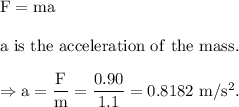 \rm F=ma\\\\a\ is\ the\ acceleration\ of\ the\ mass.\\\rm\\\Rightarrow a = \dfrac Fm=\dfrac{0.90}{1.1}=0.8182\ m/s^2.