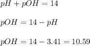 pH+pOH=14\\\\pOH=14-pH\\\\pOH=14-3.41=10.59