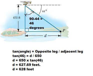 Ahelicopter hovers 650 feet above a small island. the figure shows that the angle of depression from