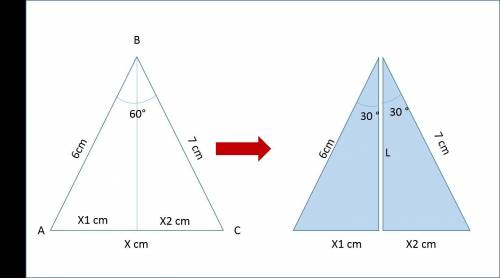 For triangle abc with ab=6cm, bc=7cm and bac=60◦, ca= x cm show me the process