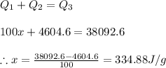 Q_1+Q_2=Q_3\\\\100x+4604.6=38092.6\\\\\therefore x=\frac{38092.6-4604.6}{100}=334.88J/g
