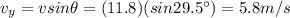 v_y = v sin \theta = (11.8)(sin 29.5^{\circ})=5.8 m/s