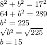 8^{2}+b^{2}=17^{2}\\64+b^{2}=289\\b^{2}=225\\\sqrt{b^{2}}=\sqrt{225}\\b=15