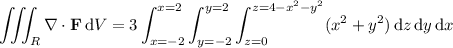 \displaystyle\iiint_R\nabla\cdot\mathbf F\,\mathrm dV=3\int_{x=-2}^{x=2}\int_{y=-2}^{y=2}\int_{z=0}^{z=4-x^2-y^2}(x^2+y^2)\,\mathrm dz\,\mathrm dy\,\mathrm dx