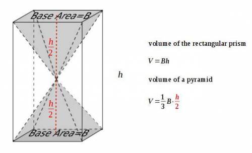 Both pyramids in the figure have the same base area as the prism. the ratio of the combined volume o