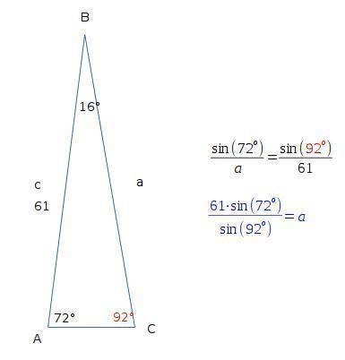 In △abc, m∠a=72°, c=61, and m∠b=16°. find a to the nearest tenth.