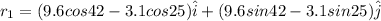 r_1=(9.6cos42-3.1cos25)\hat{i}+(9.6sin42-3.1sin25)\hat{j}