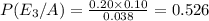 P(E_3/A)=\frac{0.20\times 0.10}{0.038}=0.526