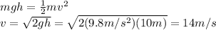 mgh=\frac{1}{2}mv^2\\v=\sqrt{2gh}=\sqrt{2(9.8 m/s^2)(10 m)}=14 m/s