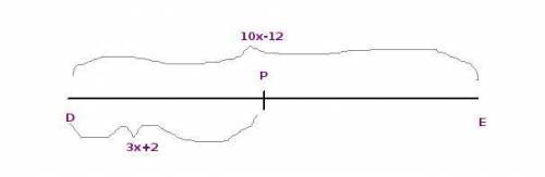 Pis the midpoint of de, dp=3x+2, and de=10x−12. what is the length of dp?