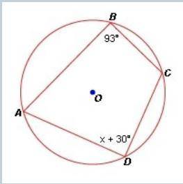 In the diagram below, point o is circumscribed about quadrilateral abcd. what is the value of x?