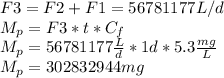F3 = F2 +F1 = 56781177 L/d \\M_p = F3 * t * C_f\\M_p = 56781177 \frac{L}{d} * 1 d * 5.3 \frac{mg}{L}\\M_p = 302832944 mg