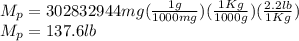 M_p = 302832944 mg (\frac{1g}{1000 mg} ) (\frac{1Kg}{1000 g} ) (\frac{2.2 lb}{1 Kg} )\\M_p = 137.6 lb